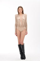 Light Gold Metalik Efektli Vatkalı Bodysuit