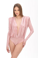 Uçuk Pembe Metalik Efektli Vatkalı Bodysuit