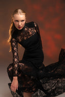 Siyah Transparan Dantel Detaylı Uzun Elbise