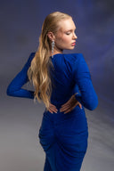 Saks Mavi Taşlı Büzgülü Uzun Elbise