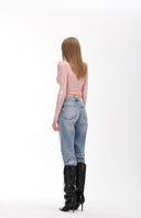 Uçuk Pembe Metalik Efektli Vatkalı Crop Top
