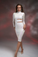 Beyaz Hologram Payetli Bel Detaylı Midi Elbise