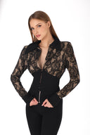 Siyah Dantel Korse Detaylı Bluz (Bej Astar)