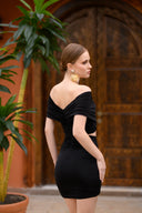 Siyah Düşük Omuz Bodycon Mini Elbise