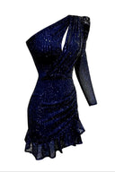 Lacivert Payetli Tek Omuz Elbise