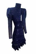 Payetli Fırfırlı Elbise Lacivert