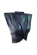 Vatkalı Düğümlü Crop Top Hologram Lacivert