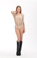 Light Gold Metalik Efektli Vatkalı Bodysuit