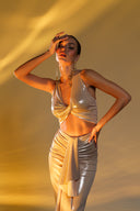 Metalik Krem Cut Out Detaylı Maxi Elbise