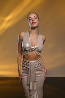 Metalik Krem Cut Out Detaylı Maxi Elbise