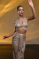 Metalik Krem Cut Out Detaylı Maxi Elbise