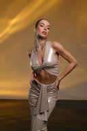 Metalik Krem Cut Out Detaylı Maxi Elbise