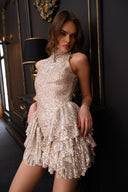 Gümüş&Bej Payetli Kolsuz Volan Detaylı Mini Elbise