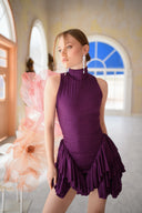 Mor Simli Boğazlı Kolsuz Volan Detaylı Mini Elbise