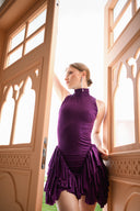 Mor Simli Boğazlı Kolsuz Volan Detaylı Mini Elbise