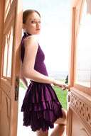 Mor Simli Boğazlı Kolsuz Volan Detaylı Mini Elbise