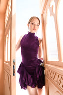 Mor Simli Boğazlı Kolsuz Volan Detaylı Mini Elbise