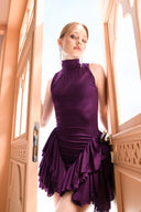 Mor Simli Boğazlı Kolsuz Volan Detaylı Mini Elbise