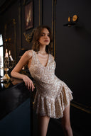 Bej Payetli Askılı Mini Elbise