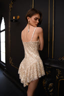 Bej Payetli Askılı Mini Elbise