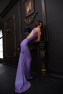 Lila Payetli Sırt Dekolteli Kuyruk Detaylı Uzun Elbise