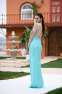 Turkuaz Payetli Askılı Uzun Elbise