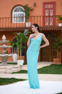 Turkuaz Payetli Askılı Uzun Elbise