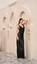 Siyah Payetli Askılı Uzun Elbise