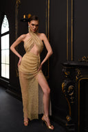 Gold Simli Boncuk Detaylı File Elbise