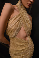 Gold Simli Boncuk Detaylı File Elbise