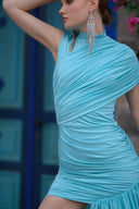 Mavi Drapeli Kuşak Detaylı Bodycon Mini Elbise