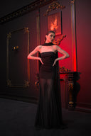 Siyah Straplez Şifon Etek Detaylı Fularlı Uzun Elbise