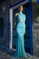 Mavi Boyundan Bağlamalı Drapeli Uzun Elbise