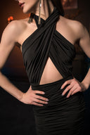 Siyah Boyundan Bağlamalı Drapeli Uzun Elbise