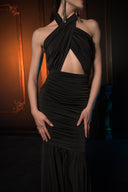 Siyah Boyundan Bağlamalı Drapeli Uzun Elbise