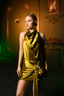 Yağ Yeşili Saten Bağlama Detaylı Mini Elbise