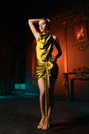 Yağ Yeşili Saten Bağlama Detaylı Mini Elbise