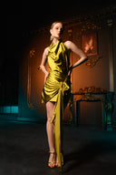 Yağ Yeşili Saten Bağlama Detaylı Mini Elbise