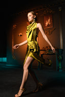 Yağ Yeşili Saten Bağlama Detaylı Mini Elbise