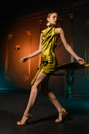 Yağ Yeşili Saten Bağlama Detaylı Mini Elbise