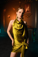 Yağ Yeşili Saten Bağlama Detaylı Mini Elbise