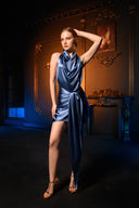 Mavi Saten Bağlama Detaylı Mini Elbise