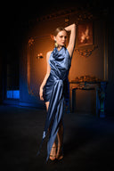 Mavi Saten Bağlama Detaylı Mini Elbise