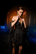 Siyah Şifon İp Bağlama Detaylı Volanlı Mini Elbise