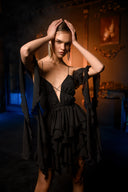 Siyah Şifon İp Bağlama Detaylı Volanlı Mini Elbise