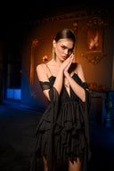 Siyah Şifon İp Bağlama Detaylı Volanlı Mini Elbise