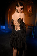 Siyah Şifon İp Bağlama Detaylı Volanlı Mini Elbise