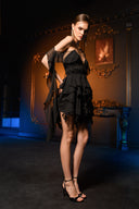 Siyah Şifon İp Bağlama Detaylı Volanlı Mini Elbise