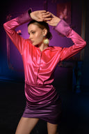 Pembe Mor Degrade Saten Gömlek Elbise