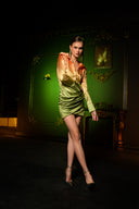 Turuncu Yeşil Degrade Saten Gömlek Elbise